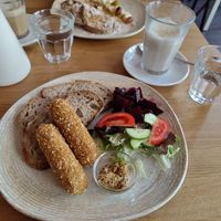 Vegan oyster mushroom croquettes with local oyster mushrooms. SO GOOD. Not dry, flavourful, bread was very good too. at Groote Poot in Overijssel
