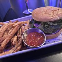 Falafel burger with fries  at Easy Tiger in Asheville