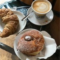 Vegan croissant and soy cappuccino (the donut is my friends, but not Vegan) at Caffe Trastevere in Rome