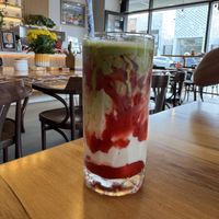 iced oat strawberry matcha   at Avodi Vegetarian & Cafe in Auckland