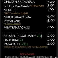 Wrap menu showing clearly labelled vegan options.  at Moriska in London