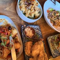 Aubergine fries in salt and pepper, fried aubergine in a sweet sauce, fried tofu with a sweet chilli peanut saucee  at THAI BAAN Thai street food in Chester