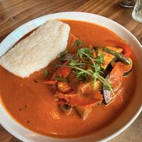 Red Thai curry with sticky rice, veg and fried tofu  at THAI BAAN Thai street food in Chester