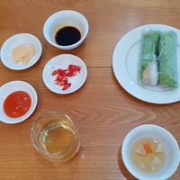 Gổi cuốn (has vegan sausage inside) with several dipping sauces at Thien Truc in Hai Duong