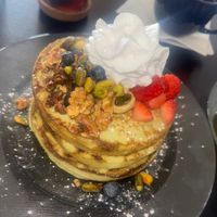 Pistachio pancakes with added cream   at Rinconcito Vegano in Bayamon