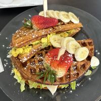 Waffle sandwich with tofu scrambleed eggs  at Rinconcito Vegano in Bayamon