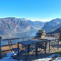 View from the restaurant, outdoor seating in warmer months at Ristorante La Madonnina di Barni in Lombardia