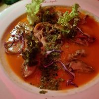 Pumpkin soup with mushrooms and crostini (vegan) at Spaghetti Pomodoro in Ticino