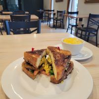 French Toast Breakfast Sandwich with a Bowl of Polenta. at Soul Vegan in Chicago