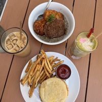 biscuits and gravy, breakfast sandwich, latte, and strawberry matcha   at Dreamstate Cafe in Minneapolis