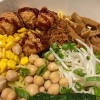Topping of the ramen: sweet corn, chickpeas, marinated bamboo, fried tofu, spinach, soy sprouts  at Top Ramen in Lombardia