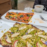 Squash blossom flatbread and brussel sprouts flatbread, vegan option at Clementine Yountville in Yountville