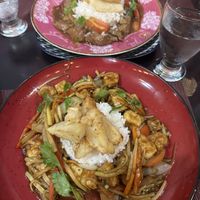 Tofu saltado & friend’s meat dish  at Chifa La Familia Feliz in La Fortuna