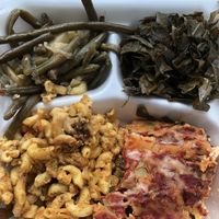 Green beans with potatoes, greens, Mac n ‘cheese’, with vegan lasagna  at Back to Edenz in Macon