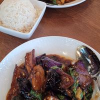 Eggplant in garlic sauce, coconut rice, lemongrass tofu at Chef Burma in Sacramento