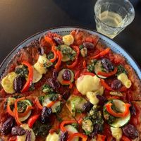 La bella vegetariana with GF base and Homemade vegan cheesee  at La Diga Pizzeria in Robe