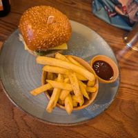 Beyond Meat® Sprout Pesto Burger with fries and BBQ sauce at The Museum in Sheffield