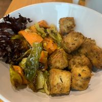 Brussels sprouts and sweet potato salad with tofu at Good Food Mac in Mcminnville