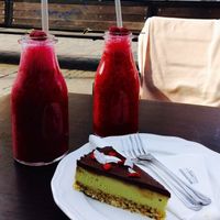 Forest fruit and raspberry milkshakes (rice milk) with kiwi raw cake. at San Domenico Caffe in Kosice