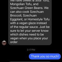 Vegan options  at Hunan Garden in Houghton
