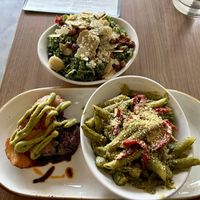 Kale Caesar, fried potatoes, pesto pasta    at Avo in Nashville