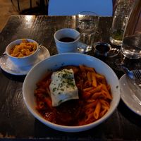 Eggplant parm, Mac and cheese, coffee. $24 at Avo in Nashville