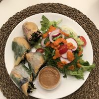 Kimchi spring rolls with Thai peanut dipping sauce + house salad! at Avo in Nashville