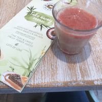 Banana strawberry smoothie made with love! at Bagels & Beans - Haarlemmerdijk in Amsterdam