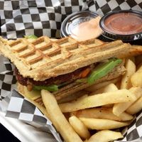 Vegan burger with garlic fries, and vegan Munchie Sauce (YUM) at Emergency Munchie Truck in West Lafayette