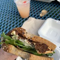 Black bean burger with strawberry lemonade  at Emergency Munchie Truck in West Lafayette