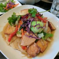 Pho Ap Chao - pan fried noodles and stir fried veggies with tofu and vegan ham  at Tamarind Vietnamese Grill and Noodle House in Calgary