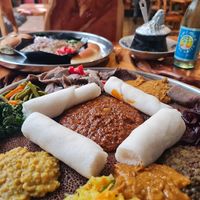 Vegetarian platter with lentils, peas and shiro wot. at Queen Sheba Habesha Ethiopian Restaurant in Nairobi County