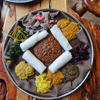 Vegetarian platter with Misir Wot, Shiro Wot and Kik Alicha. at Queen Sheba Habesha Ethiopian Restaurant in Nairobi County