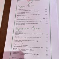 Vegan page of the menu at Sergio's in London