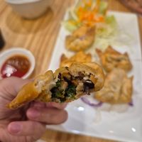 fried wontons 6pcs $11.90: yum, delish filling (veggies) at Anzzie Veggie Vegetarian Restaurant in Campsie