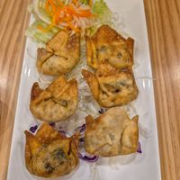 fried wontons 6pcs $11.90: yum, delish filling (veggies) at Anzzie Veggie Vegetarian Restaurant in Campsie