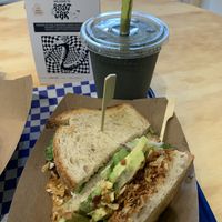 Bravocado sandwich and a black metal smoothie   at Beet Jar in Cleveland