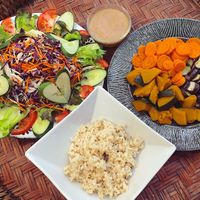 Huge mixed salad , brown rice & steamed vegetables  at Amrita Garden in Chiang Mai