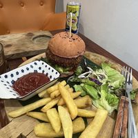 Burger and chips   at Indigo Cafe in Luang Prabang