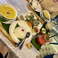 Vegan curry, spring rolls and watermelon & banana shakes.   at Indigo Cafe in Luang Prabang