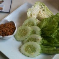 Called Jaew King - a tradicional Luangprabang food. Raw vegetables with a kind of paste made with ginger, herbs, peanuts and garlic. 25000 kip at Indigo Cafe in Luang Prabang