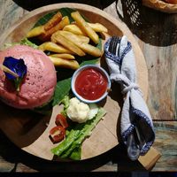 Beet burger, no mayonnaise (ketchup instead) at Indigo Cafe in Luang Prabang