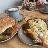 BLT bagel, almond croissant (front) and green dwich (back)  at Land & Monkeys - Beaubourg in Paris