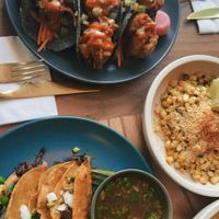 Buffalo flower taco, La Birria taco and Esquites side   at Jajaja Mexicana in Miami