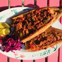 Pide with vegan sausage  at Vegan Community Kitchen in Istanbul