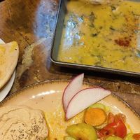 Hummus, arabic bread and soup at Vegan Community Kitchen in Istanbul