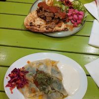 Mantı and kebab at Vegan Community Kitchen in Istanbul
