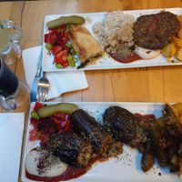 Meatball and aubergine menu at Vegan Community Kitchen in Istanbul