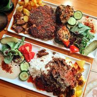 Meatball plate and doner kebab plate, sooo delicious at Vegan Community Kitchen in Istanbul