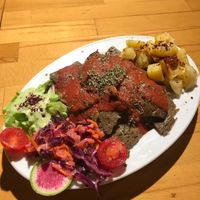 Döner with rice, potatoes and salad at Vegan Community Kitchen in Istanbul